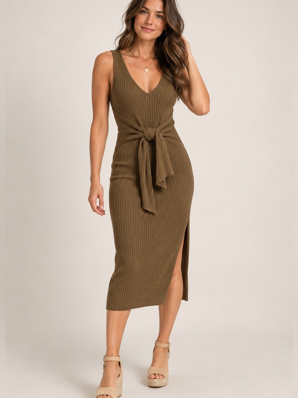 Good American Rib Knit Tie Waist Midi Dress Dirty Olive Size 1 Small